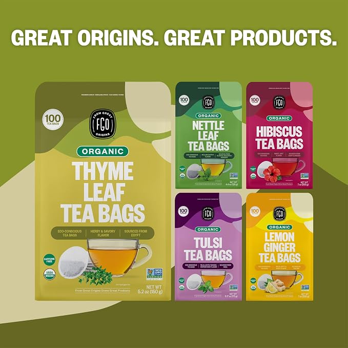 FGO Organic Thyme Leaf Tea, 100 Count, Eco-Conscious Tea Bags, Caffeine Free, Resealable Bag, Packaging May Vary (Pack of 1)