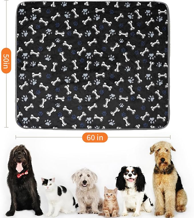 Washable Waterproof Dog Blankets for Large Dogs, 50"x60" Black | Soft Fluffy Pet Blanket for Couch Sofa Car Crate, Bed Furniture Protector, Reversible Sherpa Fleece Dog Blanket, Paw Pattern