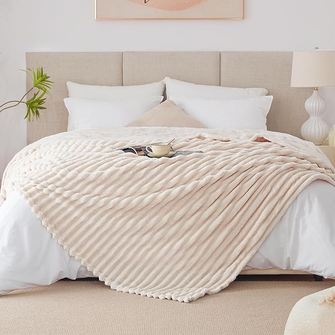 EXQ Home Fleece Blanket Queen Size for Couch or Bed - 3D Stripe Jacquard Decorative Blankets - Cozy Soft Lightweight Fuzzy Flannel Blanket Suitable for All Seasons(90"×90",Beige)
