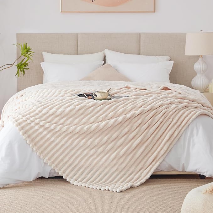 EXQ Home King Size Blanket for Bed or Couch - 3D Stripe Jacquard Decorative Fleece Blankets - Cozy Soft Lightweight Fuzzy Flannel Blanket Suitable for All Seasons(90"×108",Beige)