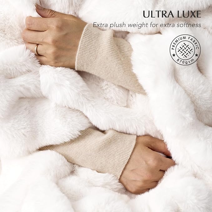 Faux Rabbit Fur Bubble Throw Blanket, 90"x90", Ivory White | Ultra Soft, Luxury Faux Rabbit Fur Throw, Thick Warm Bubble Blanket, Cozy Fluffy Reversible, for Bed, Couch, Chair, Sofa