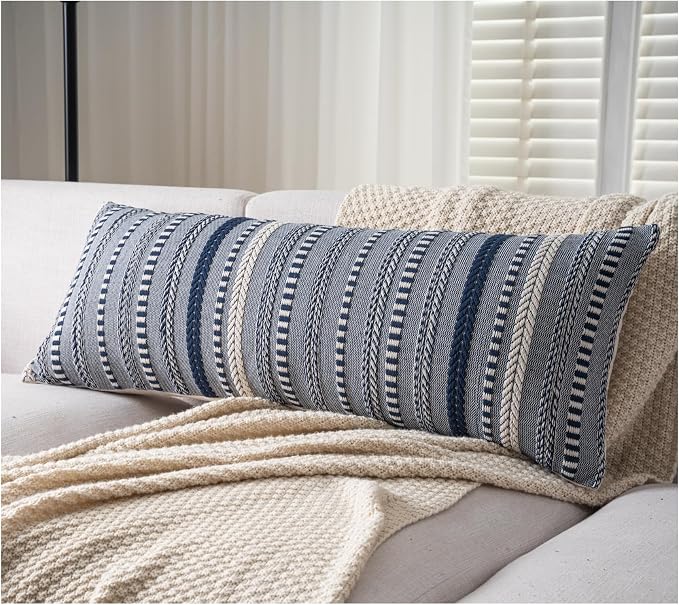 Cethom Boho Lumbar Pillow Covers 14x36 Long, Farmhouse Decorative Couch Pillow Cases, Navy Blue Accent Pillows of Bed, Sofa Bedroom Living Room Home Decor Cushion Cover, Pack of 1