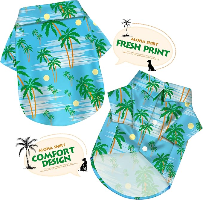 Coconut Tree Hawaii Style Pet Dog T-Shirt, Four-Way Stretch Breathable Light Cool Summer Shirts, Casual Beach Seaside Daily Clothes for Small Size Puppy.Blue M