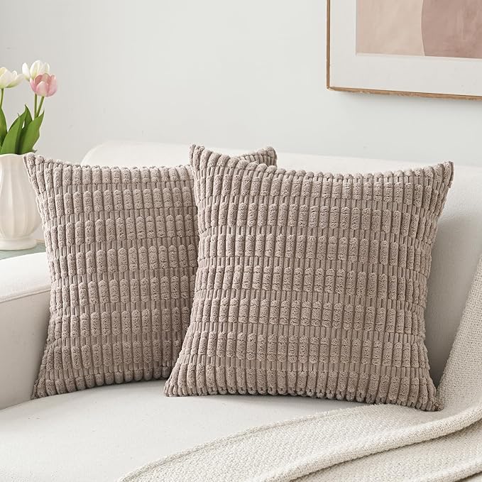Volcanics Pack of 2 Corduroy Mocha Brown Throw Pillow Covers 18x18 | Decorative Soft Striped Square Cushion Cases, Modern Farmhouse Boho Home Decor