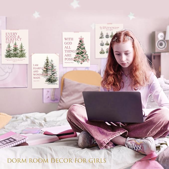 LARTSFRO Coquette Pink Bow Christmas Tree Gifts Wall Art Decor Posters, Pink Bow Christmas Christian Room Bathroom Bedroom Dorm Wall Art Decor Aesthetic for College Teen Girls Gifts, Inspirational Bible Verses Bow Wall Decor, 10x8 Inch Set of 4 Pcs Chr...
