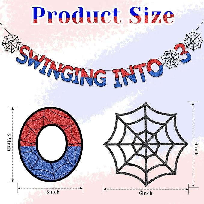Spider Theme 3rd Birthday Banner Glitter Swinging into 3 Banner Pre-strung Ghost Spider Web 3rd Birthday Decorations Party Supplies for Third 3 Year Old Boys Girls Kids(3 Years)