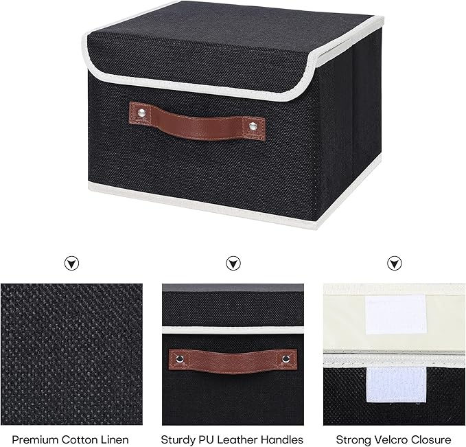 ANMINY Fabric Storage Box Bins with Lids, Black, 15"x10"x10", 2 Pack | Keepsake Memory Storage, Cotton Linen, PP Board Reinforced, Washable, PU Handles, Foldable & Stackable, Decorative, Large