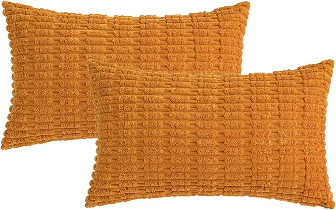 MIULEE Fall Corduroy Decorative Throw Pillow Covers 12x20 Burnt Orange | Lumbar Pack of 2 Soft Boho Striped Pillow Covers Modern Farmhouse Autumn Home Decor For Sofa Living Room Couch Bed
