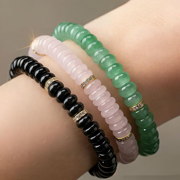 L&J JEWELRY 3PCS Handmade Natural Gemstone Stretch Elastic Bracelet Healing Crystal Round Stone Beads Jewelry Gifts for Women Men