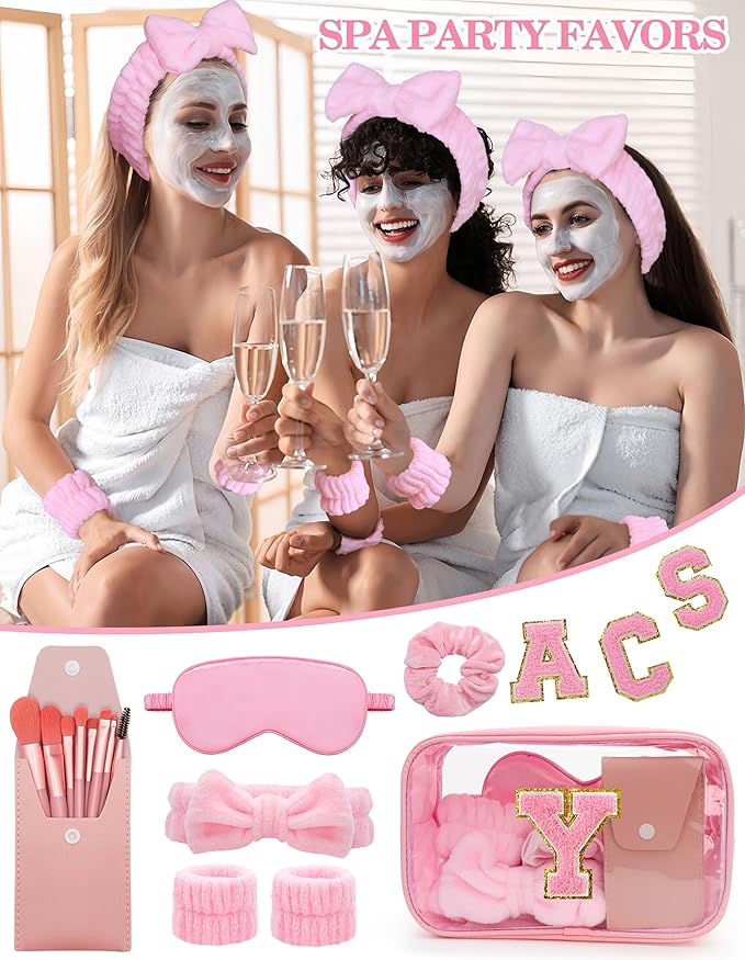 Gift Sets for Women, Initial Makeup Bag with Makeup Brush Set Bachelorette Party Favors, Pink Spa Kit with Skincare Headbands Wrist Bands Sleepover Party Supplies Gifts for Teen Girls Bridesmaid Y