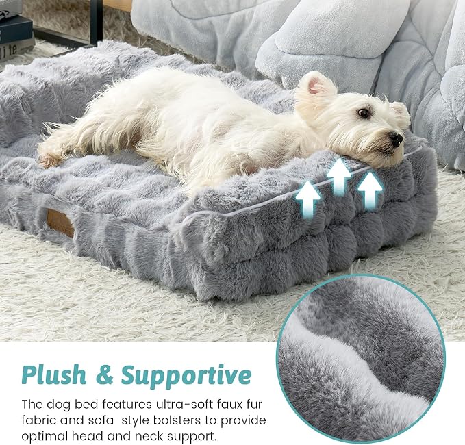 COZY KISS Faux Rabbit Fur Orthopedic Dog Bed, Dog Bed for Medium Size, Supportive Foam Pet Sofa with Waterproof Lining Cover, Washable U-Shaped Pet Couch with Anti-Slip Bottom, Grey M 30x20x6.5 inch