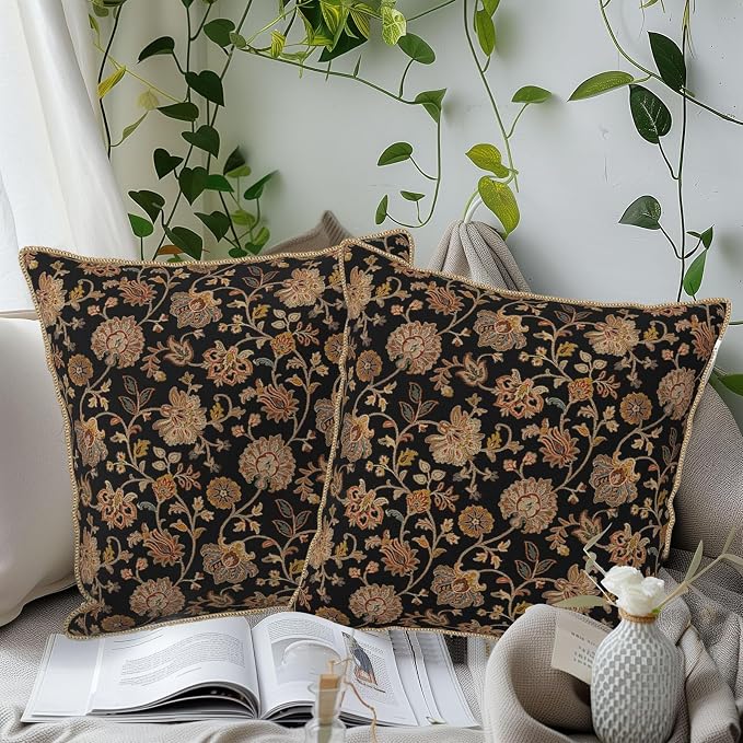 Vintage Tapestry Floral Soft Velvet Throw Pillow Covers Set of 2 Black Brown Bohemian Boho Carpet Flowers Decorative Pillow Covers 18x18 Inch Rustic Retro Rug Pillow Case For Sofa Couch Home Decor