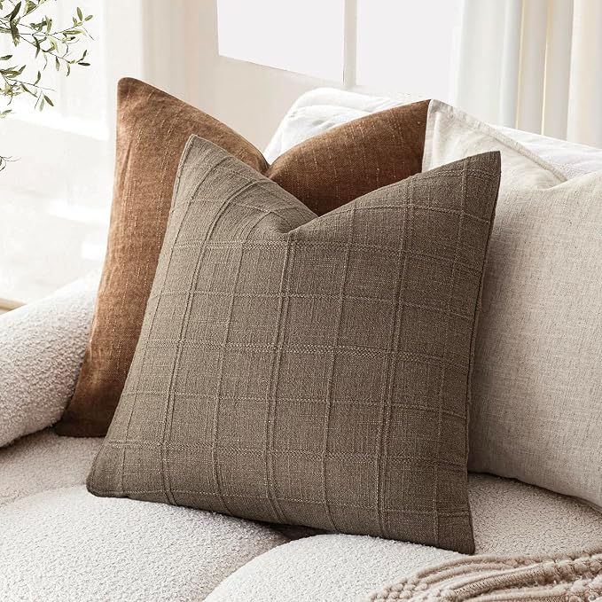 Foindtower Set of 2 Decorative Linen Check Throw Pillow Covers Neutral Farmhouse Vintage Cushion Covers Modern Boho Home Decor for Sofa Chair Couch Bedroom Living Room,26×26 Inch,Light Brown