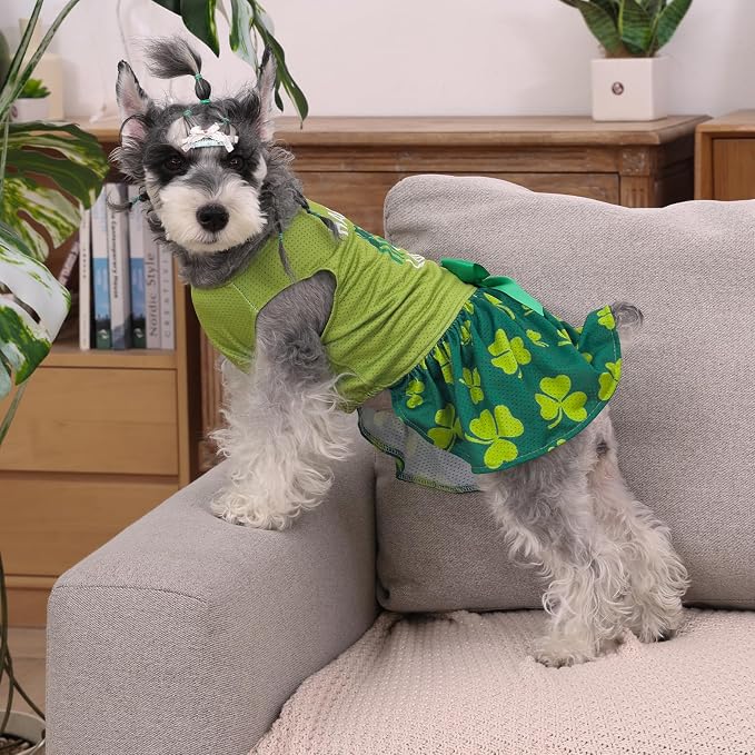 CuteBone Dog Mesh Dress St.Patrick's Day Puppy Sundress Pet Outfit Summer Fashion for Small Dogs Girl Cat Clothes
