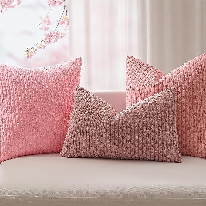 Kevin Textile Soft Corduroy 12"x24" Lumbar Pillow Cover 1 Pack, Dark Pink | Boho Stripe Plush Corduroy Decorative Oblong Cushion Cover Modern Farmhouse Home Decor for Sofa Couch Bed Chair