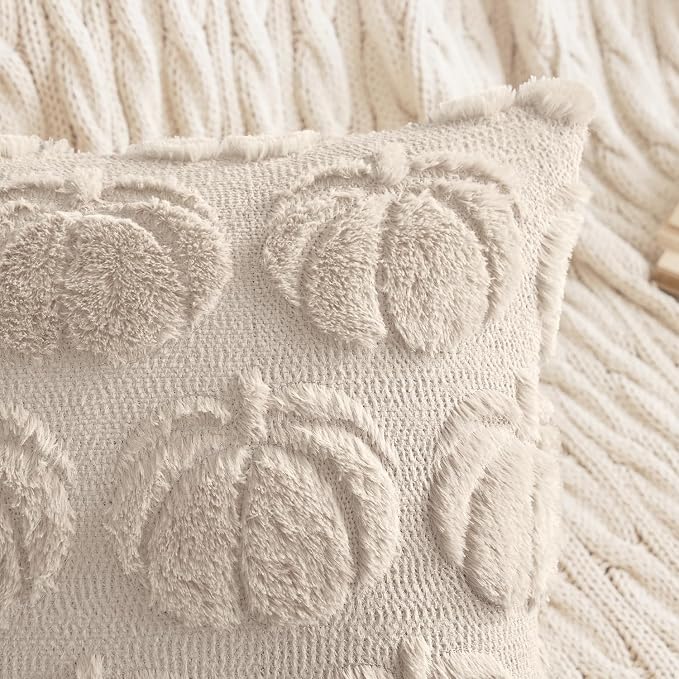 MIULEE Fall Pillow Covers Pumpkin Fall Decor 16x16 Beige | Set of 2 Fall Decorations for Home, Plush Faux Fur Farmhouse Accent Pillowcases, Porch Sofa Couch Cushion Bed Livingroom