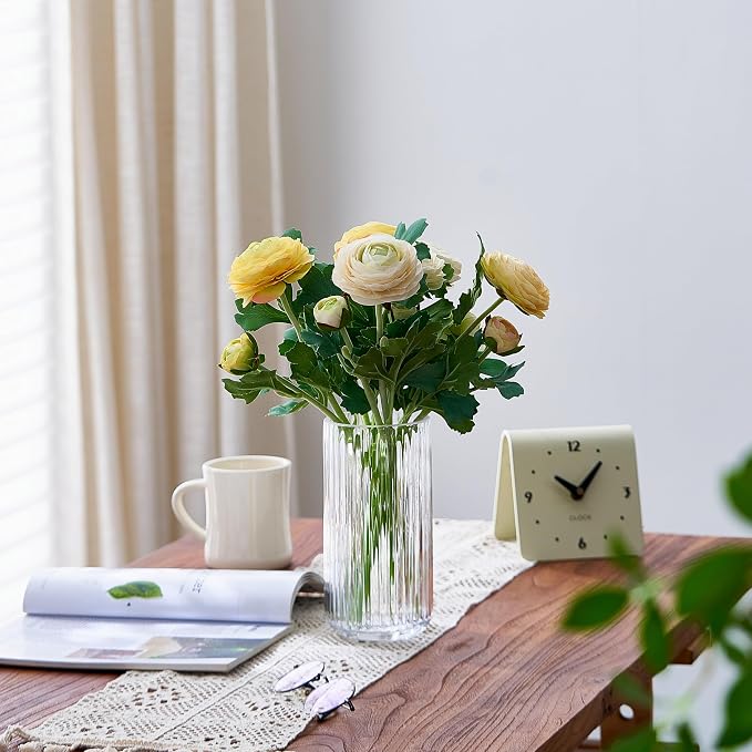 Clear Glass Flower Vase for Pampas Grass, 7.5 inch Medium Decorative Centerpiece Ribbed Vase for Dining Table, Office Desktop, Shelf Bookshelf, Mantel, Entryway, Bathroom, Countertop, Farmhouse, Gift