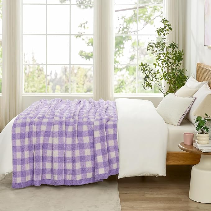 Snuggle Sac Checkered Throw Blanket for Couch, Super Soft Cozy Warm Knit Netural Decorative Fluffy Blankets, Reversible Buffalo Plaid Microfiber Throws for Sofa Bed, Plaid Purple, 50x60 Inches