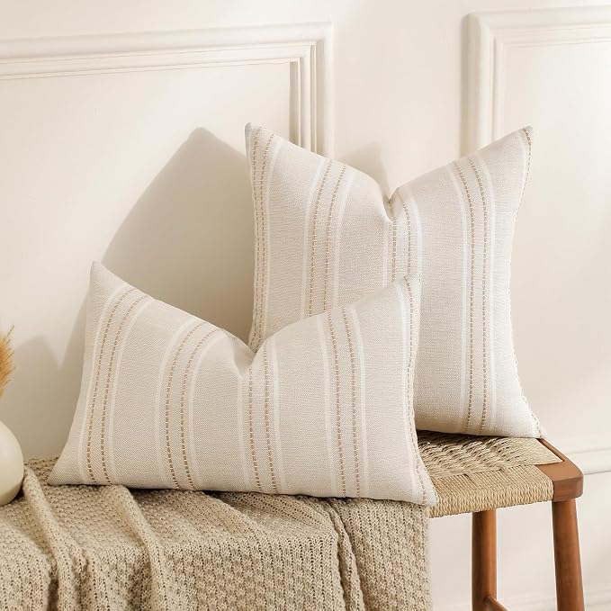 Hckot Stripe Throw Pillow Covers 12x24 Lumbar Khaki Farmhouse Pillow Covers | Modern Decorative Pillows Textured Linen Cushion Covers for Sofa Couch Bed Living Room Decor
