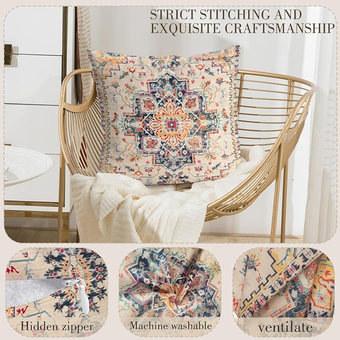 Boho Throw Pillow Covers 26x26 inch Set of 2,Boho Vintage Carpet Pattern Antique Ethnic Decor Double Sided Pattern Cushion Cover Soft Pillow Case Living Sofa Room Bed Square Pillow Cover