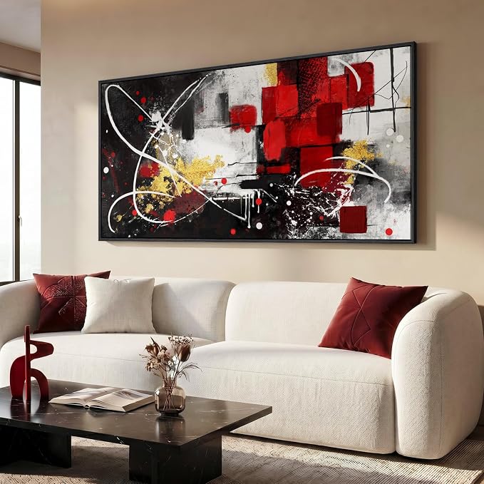 Extra Large Framed Red Black and White Abstract Wall Art for Living Room, Modern Canvas Prints Horizontal Artwork for Walls, Red Gold Geometric Pictures for Dining Bedroom Hallway Wall Decor 30x60 In