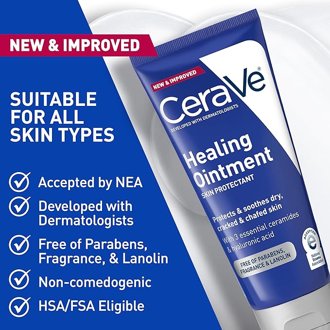 CeraVe Healing Ointment, Hydrating Skin Protectant With Petrolatum, Hyaluronic Acid & Ceramides, Face & Body Skin Barrier Repair For Cracked, Chafed, Dry Skin, Fragrance Free & Lanolin Free, 3 Oz