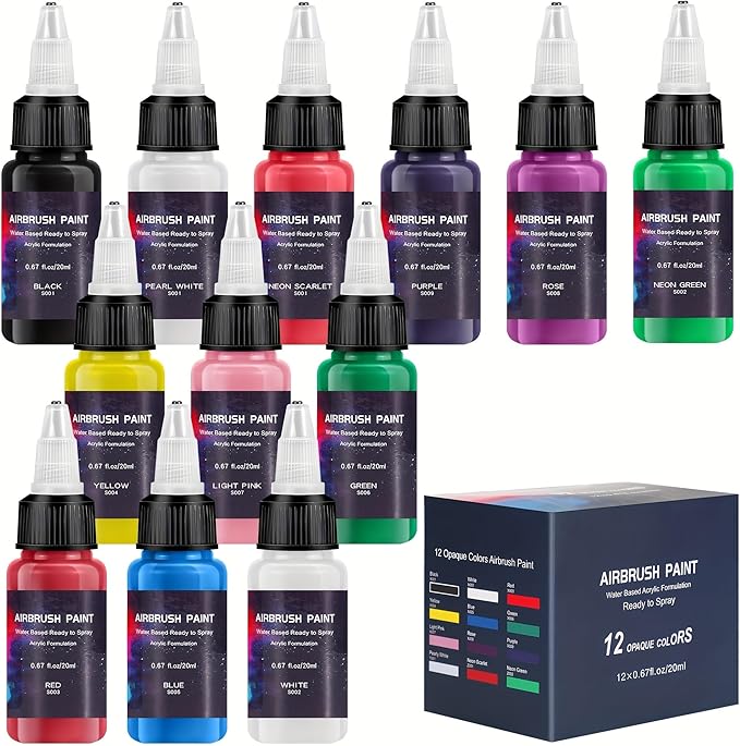 Airbrush Paint 12 Colors, Ready to Spray Airbrush Paint Set, Water-Based Acrylic Air Brush Paints for Metal, Plastic Models, Canvas, Wood, 0.67 Fl Oz/20ml