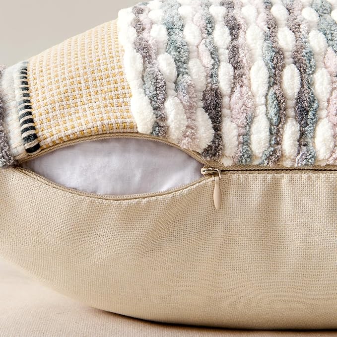 ANRODUO Boho Decorative Pillow Covers Gray Blue Stripe 18x18 Inch Pack of 1 | Throw Pillow Covers, Farmhouse Cushion Case, Chenille Pillow Cases, Pillow Covers, Accent Neutral Pillowcase for Couch Bed