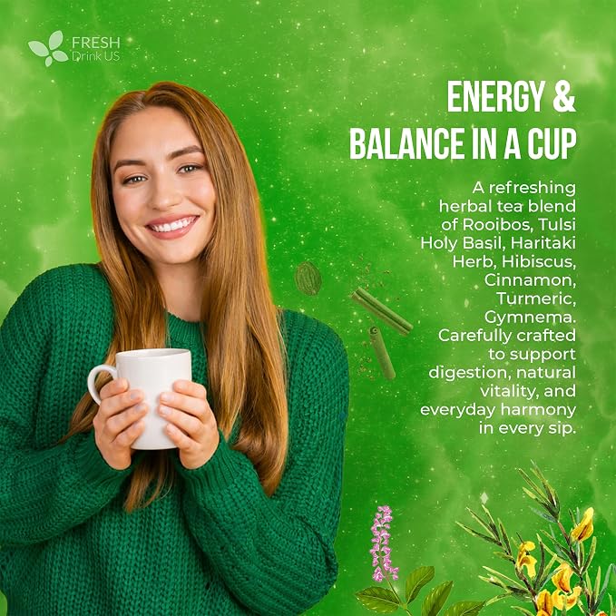 FreshDrinkUS, 30 Tea Bags Herbal Tea – Caffeine-Free Herbal Tea with Rooibos, Turmeric & Hibiscus – Loose Leaf Blend for Daily Rituals and Clean Living – Vegan, No Additives