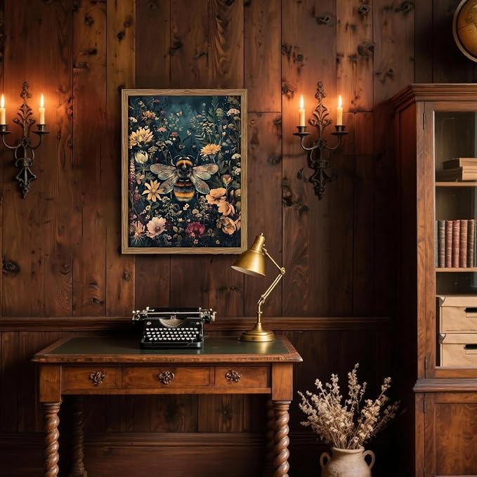 Vintage Framed Wall Art Bee Canvas Prints, Dark College Animals Flowers Wall Decor, Nature Botanical Pictures Art Home Decor for Living Room Bedroom – Dark Wooden Frame 12x16in