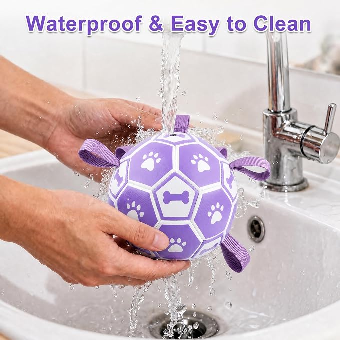 Dog Toys Balls, Dog Soccer Ball with Straps, Dog Birthday Gifts, Durable Balls for Small Medium Pet, Puppy Outdoor Toy, Pet Training Soccer Ball, World Cup Soccer (7.25 Inch) (Purple, Large)