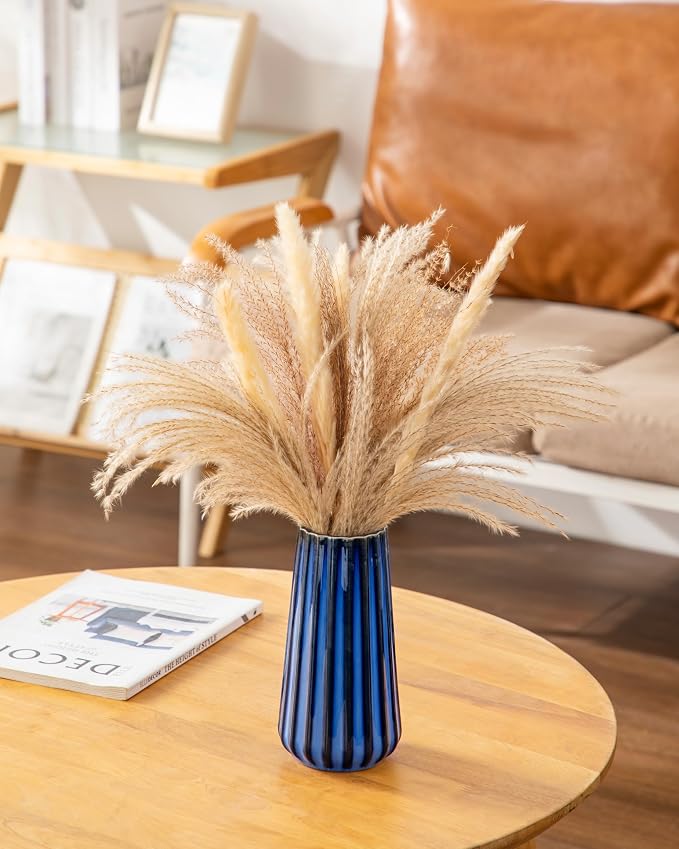 vancasso Ceramic Vase, 7.8 Inch Modern Ribbed Glossy Decorative Vase, Flower vase for Home Decor, Living Room, Bedroom, Office Decor, Blue