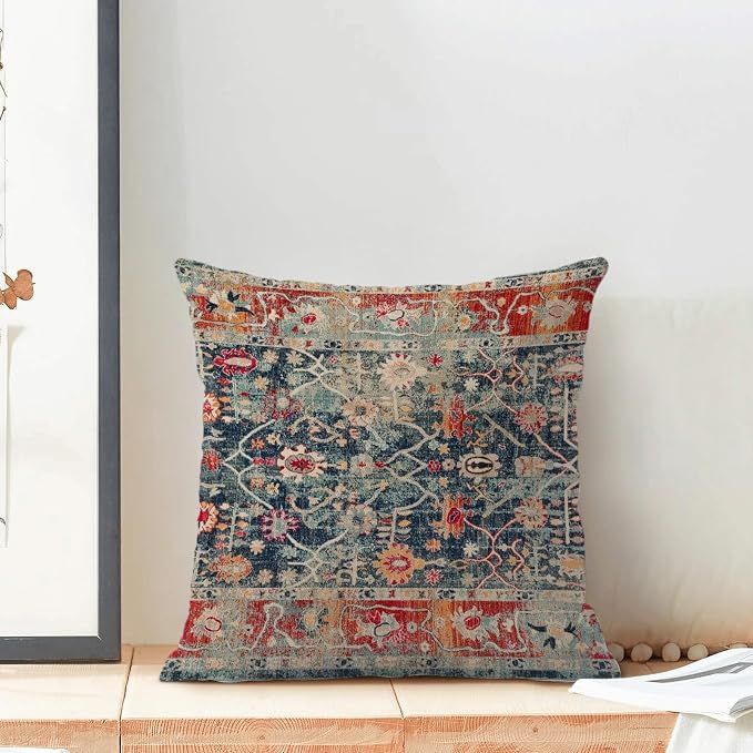 Boho Pillow Covers 20x20 Inch Set of 2,Navy Blue Burnt Orange Ethnic Design Throw Pillows Case,Carpet Pattern Outdoor Decorative Square Linen Farmhouse Decor Cushion Covers for Home Sofa Bed Couch