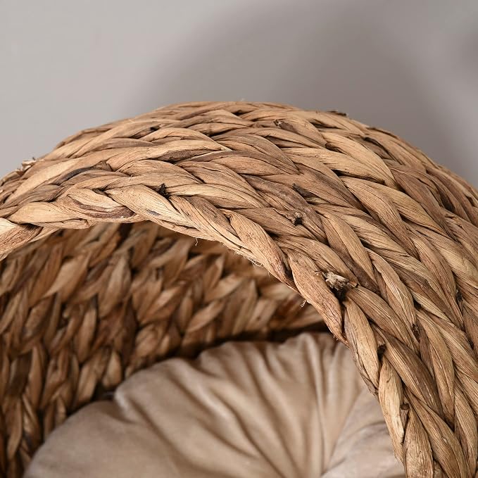 PawHut Handwoven Elevated Cat Bed for Indoor Cats 23.5" H Light Brown | Soft Cushion & Egg Chair Shape, Basket Bed Kitty House with Stand, Raised Wicker House