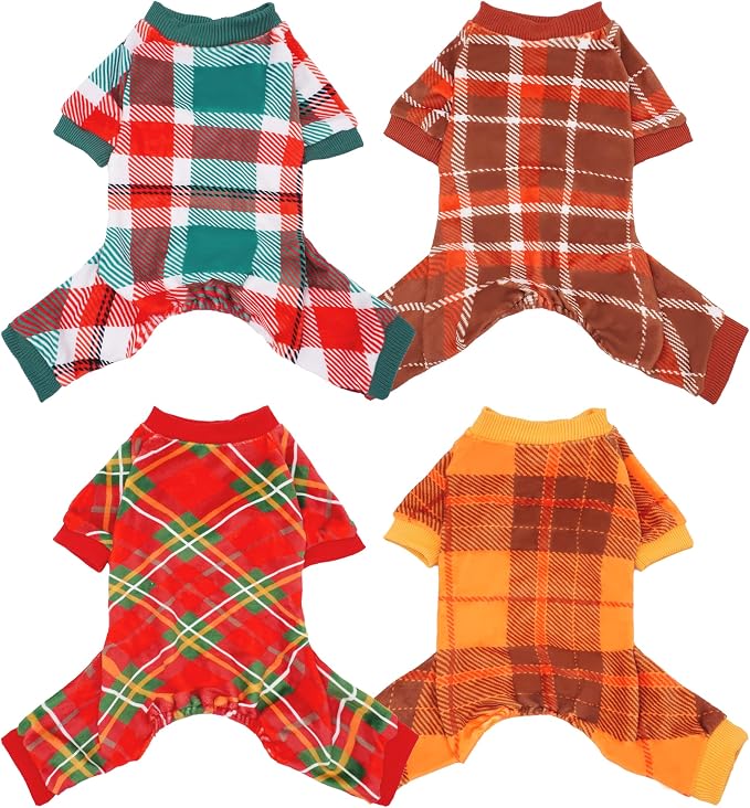 PET SHOW 4 Pack Plaid Fleece Dog Pajamas Warm for Extra Small Dogs | Soft stretchy dogs onesies,boy girl pjs with sleeve,holiday jumpsuit costume for small pets cats,XS