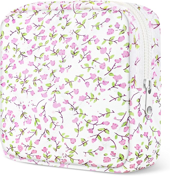 Likesing Quilted Period Bag, Period Pouches for Teen Girls Womens, Portable Floral Print Sanitary Napkin Storage Bag Feminine Emergency Tampon Pad Pouch(Pink Floral)