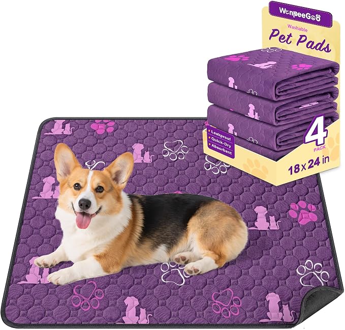 WanpeeGoo Washable Pee Pads for Dogs, Waterproof, 18 x 24 in, 4 Pack, Purp | Super Absorbent, Waterproof and Non-Slip; Washable, Reusable Dog Pads for Crates, Playpens, Floors, Furniture and Travel