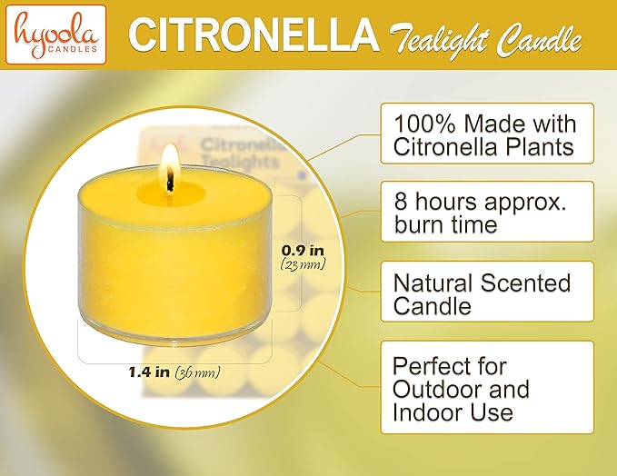 Hyoola Tealight Citronella Candles Outdoor, 8 Hour Burn Time, Indoor and Outdoor Mosquito, Insect and Bug Repellent Citronella Candle, Natural Fresh Scent, Decorative in Clear Cup (Pack of 40)
