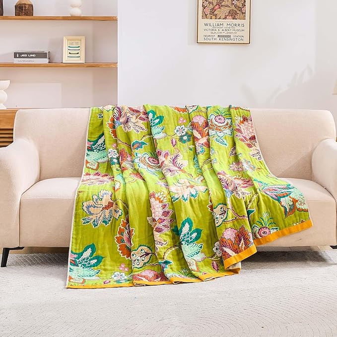 XIBLC Fall Throw Blanket, 100% Cotton Soft Rustic Boho Throw Blanket for Bed, 60"x80" Farmhouse Decor Bed Flower Blankets, Light Weight Reversible Bohemian Throw Quilt