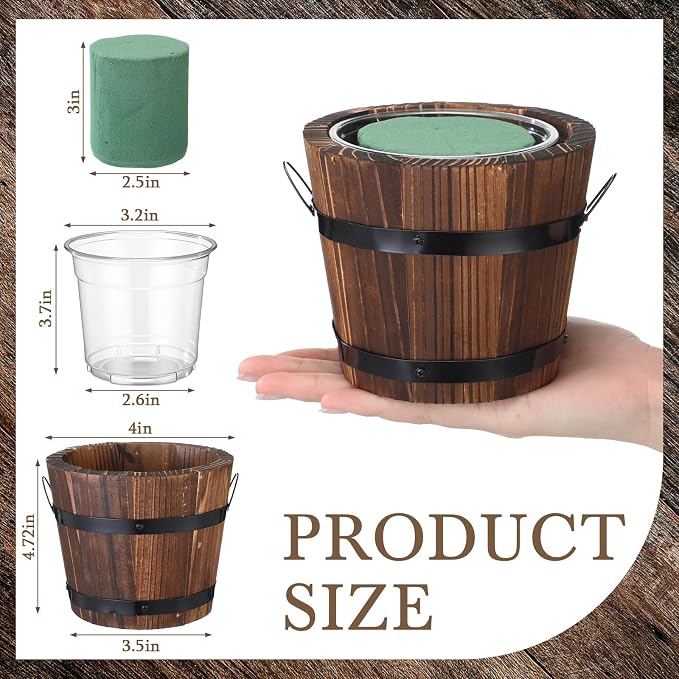 6 Pcs Rustic Wood Whiskey Barrel Planter with Removable Plastic Liners & Floral Foam Blocks, Farmhouse Decor for Wedding Table, Home, Garden, Kitchen & Party Centerpieces (Classic)