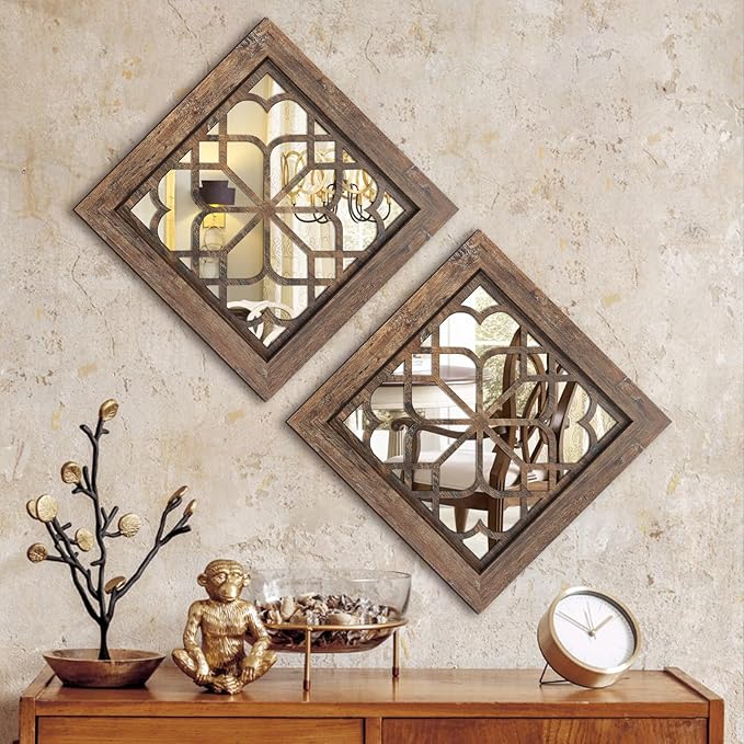 Boho Wall Mirror Decor, Set of 2 Rustic Farmhouse Mirror 12x12 Inch, Square Shatterproof Vintage Style Mirrors for Wall, Small Decorative Mirrors for Living Room, Bedroom，Maroon