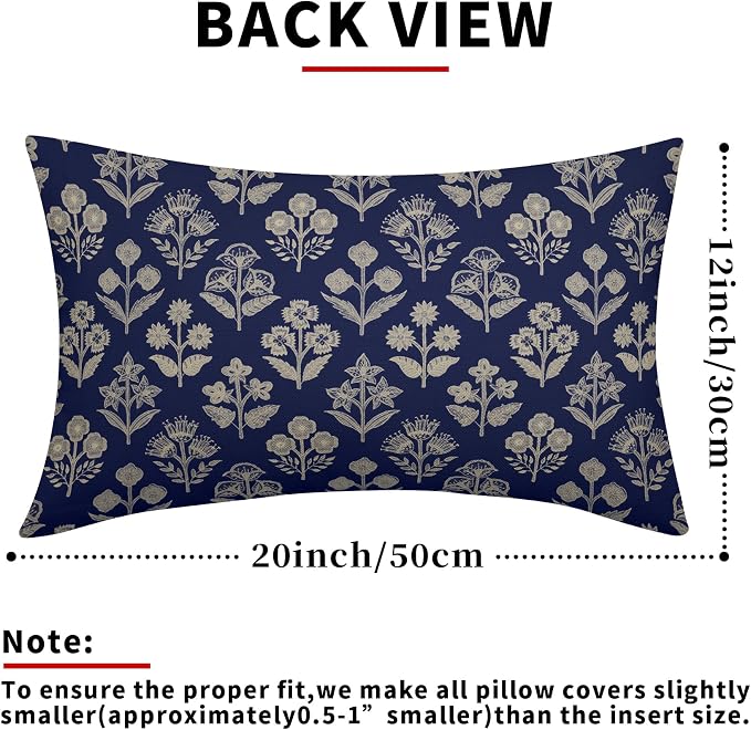 Navy Blue Pillow Covers 12x20 Inch Set of 2, Cream Floral Block Print Pattern Lumbar Decorative Throw Pillowcases Outdoor Farmhouse Rectangle Cushion Covers Spring Summer Sofa Couch Bed Decor