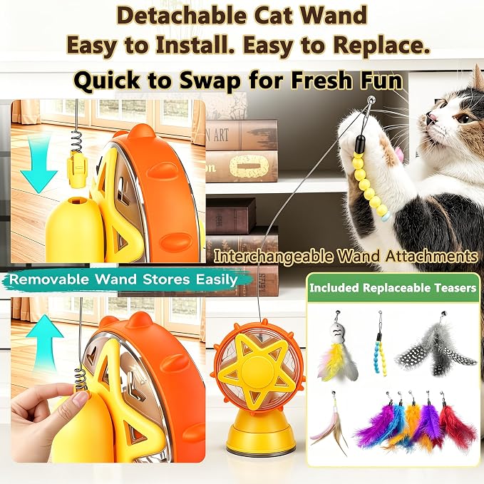 Cat Toys for Indoor Cats，Interactive Cat Toy Kitten Toys Enrichment with Adjustable Cat Food Dispenser, Slow Feeder Puzzle Removable Teaser Wand Toy for Bored Indoor Adult Cats (Orange)