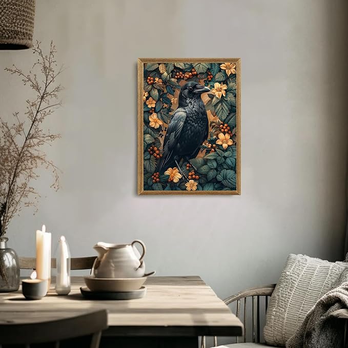 ICHZUMW Framed William Morris Raven Dark Academia Canvas Wall Art 12x16 In | Gothic Dark Cottagecore Crow Painting, Moody Floral Wall Decor for Bedroom Living Room Bathroom Office, Ready to Hang