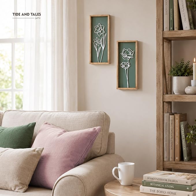 Tide and Tales Floral 3D Green Wall Art, Botanical Wall Decor, Set of 2 | 7" x 16", Lightweight, Framed Ready-to-Hang, Bathroom Wall Decor, Bedroom, Living Room or Office, Boho, Farmhouse, Gift-Boxed