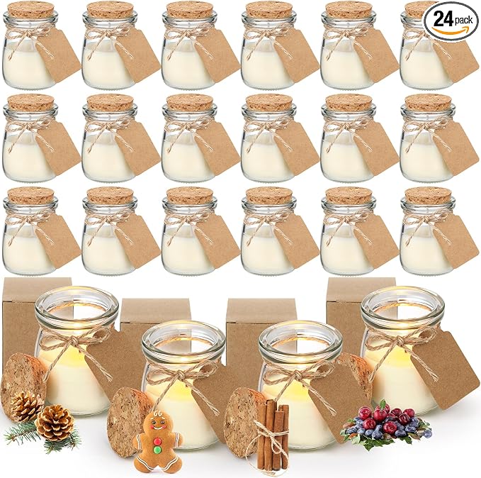 MTLEE 24 Pcs Christmas Jar Candles Scented Holiday Candle Gifts Natural Wax Jar with DIY Tag Cards for Xmas Gift Party Favors Home Decor, Scents of Christmas Tree/Cookies/EVE/Spice