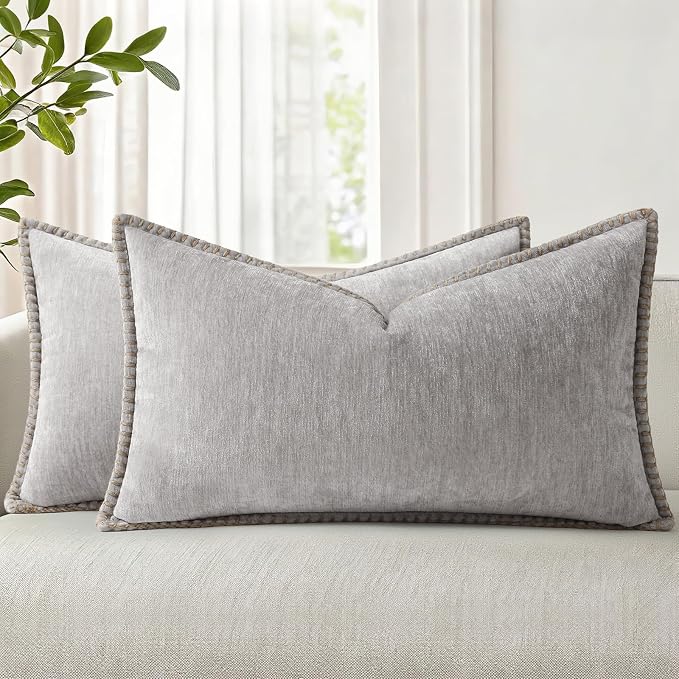 decorUhome Soft Chenille Throw Pillow Covers 12x20 Set of 2 Neutral Gray | Fall Textured Decorative Throw Pillow Cases Stitched Edge Modern Farmhouse Luxury Boho Velvet for Couch Sofa Bed Home Decor