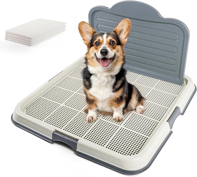 Dog Pee Pad Holder with High Wall, Large Puppy Potty Training Tray with Mesh Grid & Splash Guard, 23.6” x 23.6” Indoor Dog Litter Box, Includes 4 Disposable Pee Pads