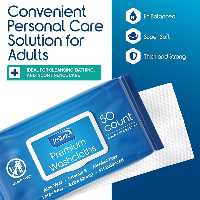 Inspire Adult Wet Wipes, Wash Cloths, Incontinence & Cleansing for Elderly Extra Large, 8"x12" (Pack of 8)