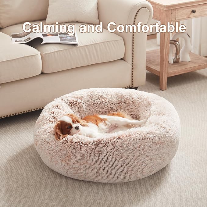 30 inches Faux Fur Fluffy Donut Dog Bed for Medium Dogs,Brown | Calming Plush Round Pet Bed with Removable & Washable Cover,Fits up to 45 lbs Pets